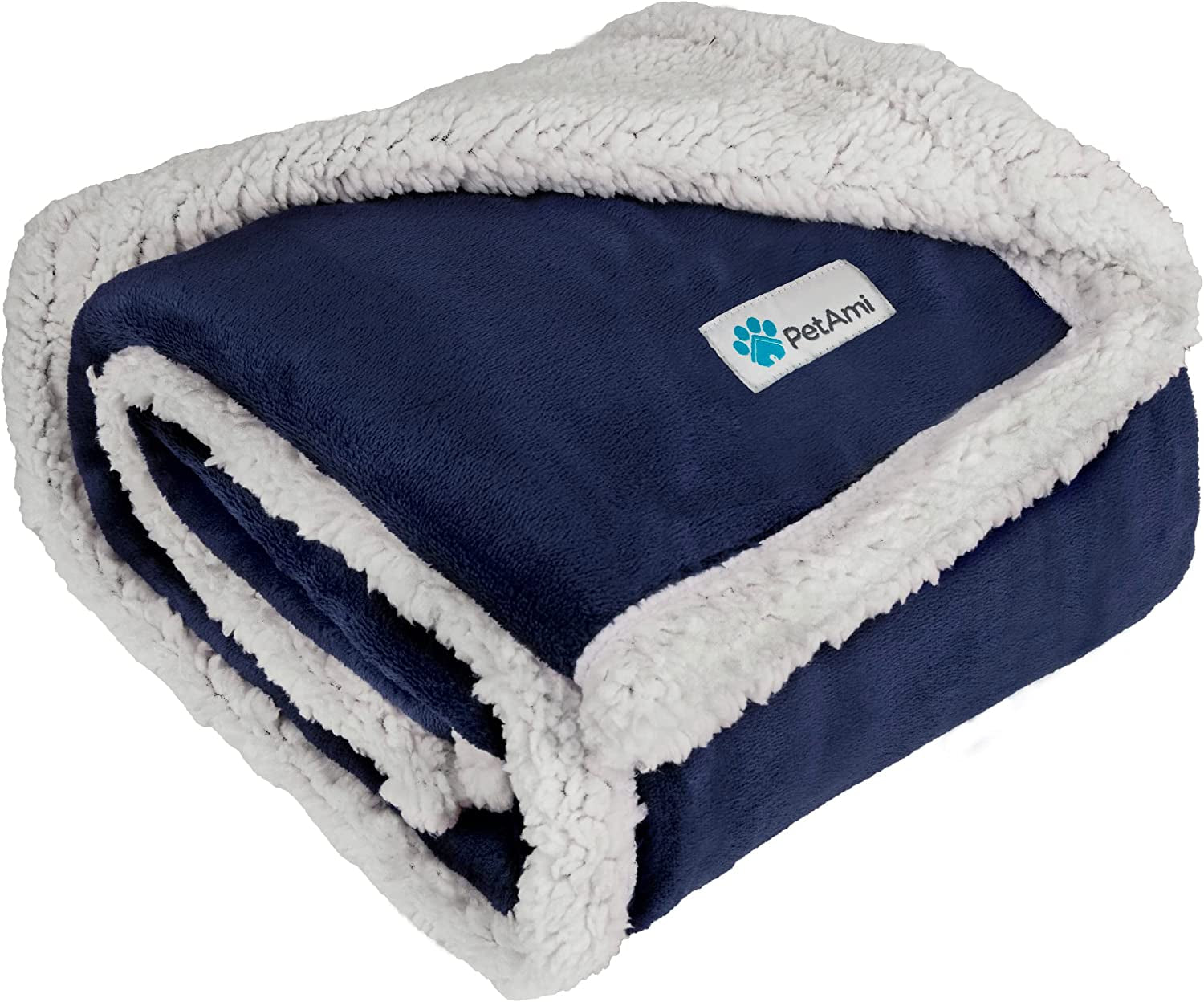 Navy reversible sherpa dog blanket folded showing soft navy fleece exterior and thick white sherpa lining for warmth and pet comfort
