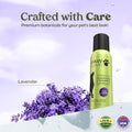 PAWFUME Royal Lavender Probiotic Dog Grooming Spray bottle with lavender flowers in the background for pet grooming.