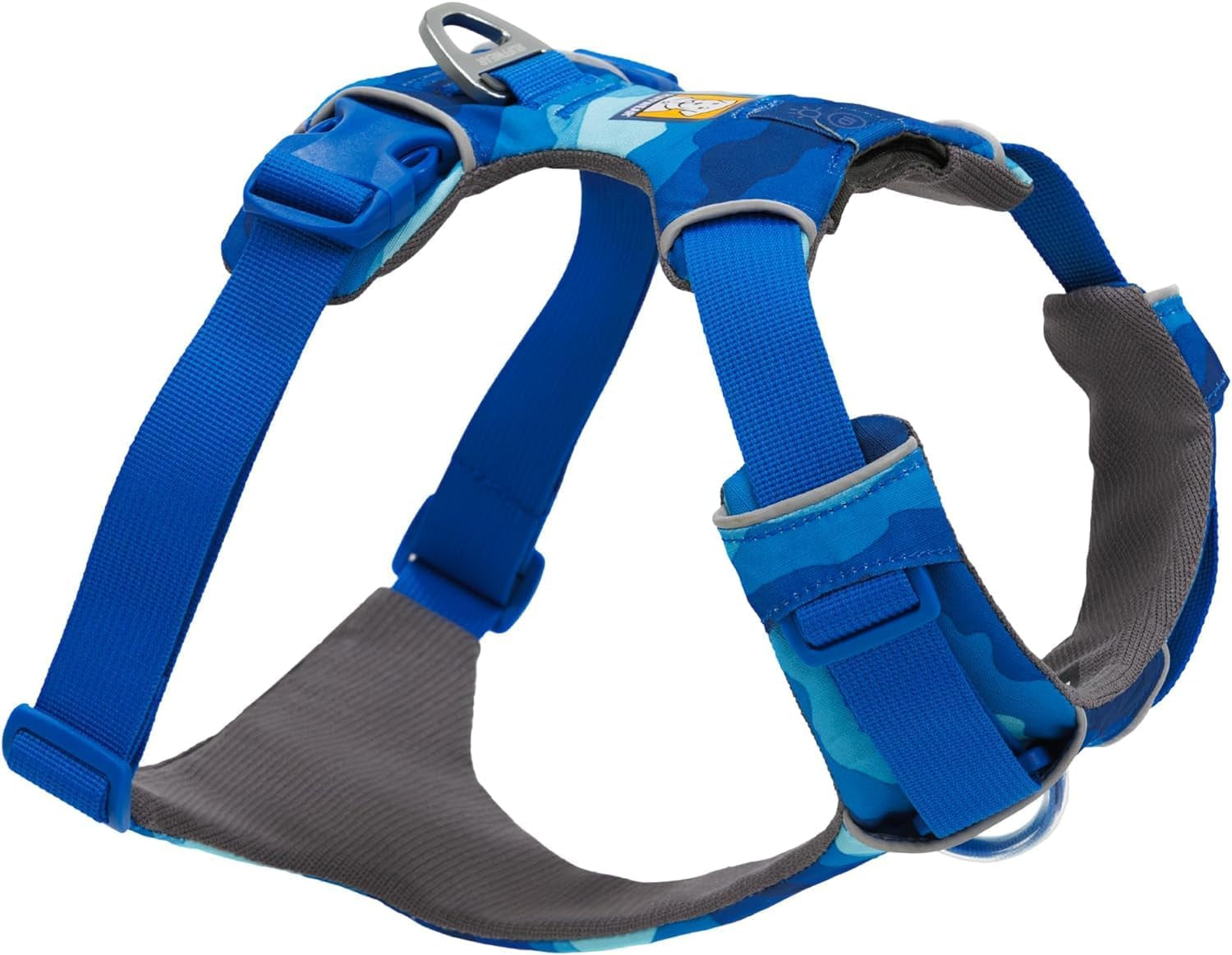 No Pull Dog Harness for Everyday Comfort in a vibrant blue camouflage design, featuring adjustable straps and padded lining.