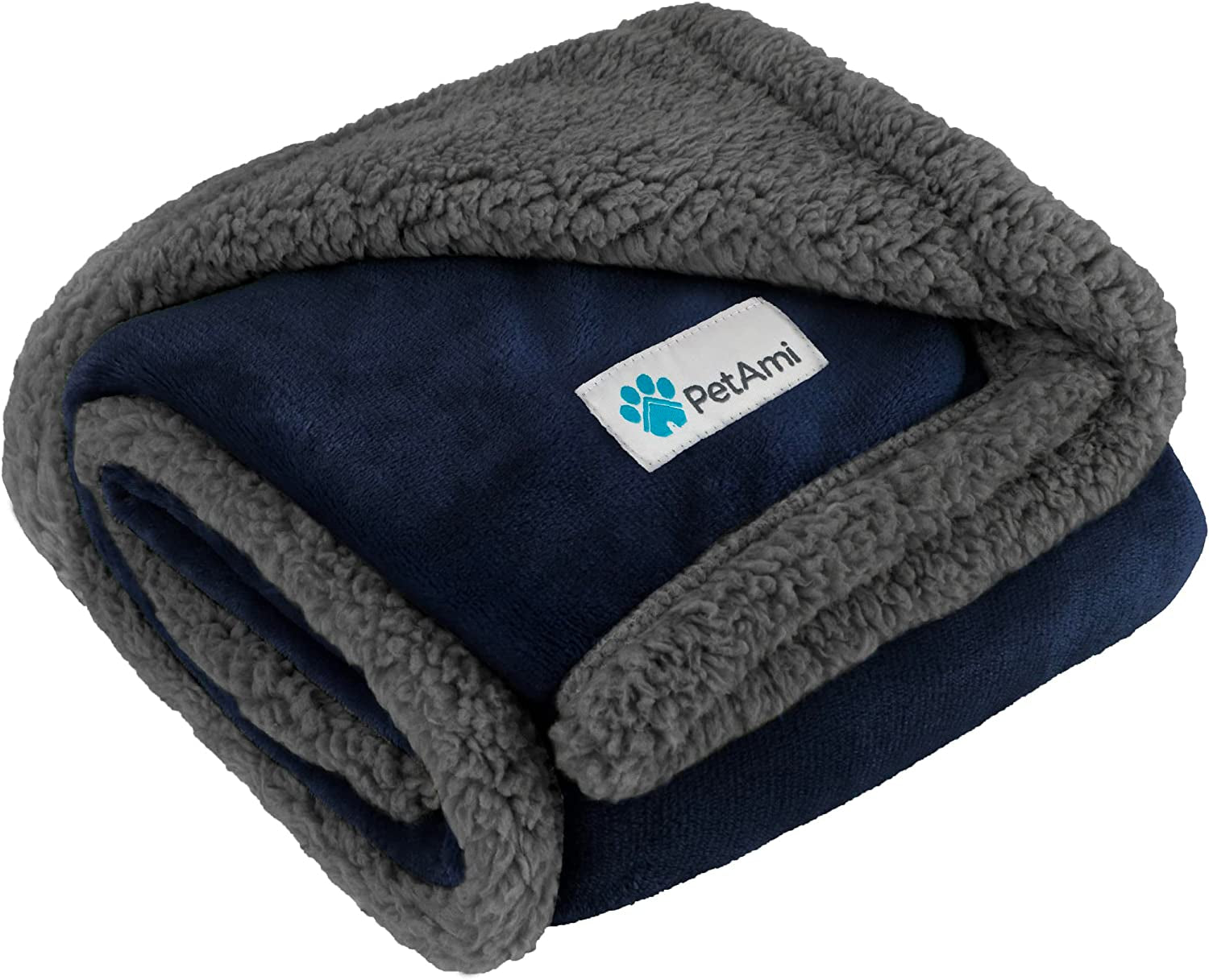 Dark blue reversible sherpa dog blanket folded showing soft navy fleece exterior and thick gray sherpa lining for warmth and pet comfort