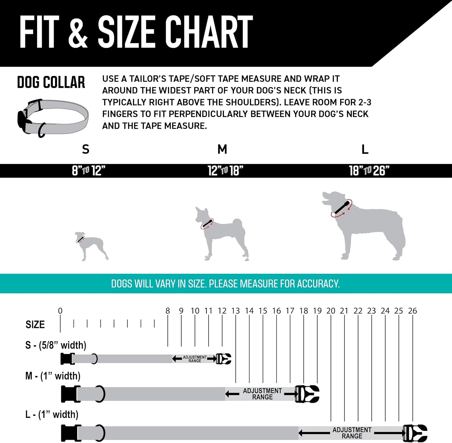Fit and size chart for Wolfgang Heavy Duty Adjustable Dog Collar with measurement guidelines for proper sizing.