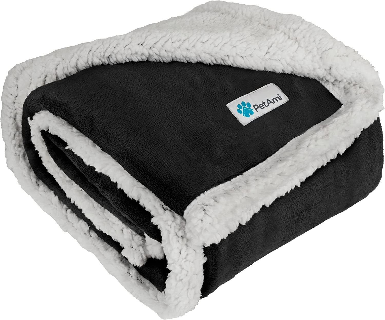 Black reversible sherpa dog blanket folded showing soft dark fleece exterior and fluffy white sherpa lining for warmth and pet comfort