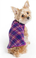 Cute dog wearing a Comfortable Dog Fleece Jacket for Winter in a plaid pattern, perfect for cold weather walks.