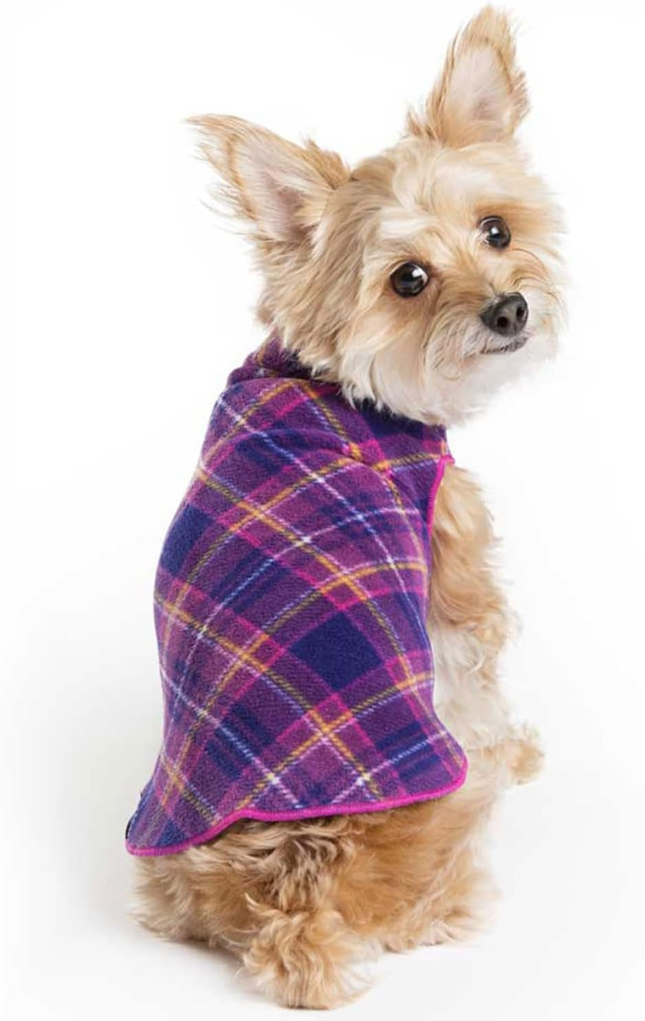Cute dog wearing a Comfortable Dog Fleece Jacket for Winter in a plaid pattern, perfect for cold weather walks.