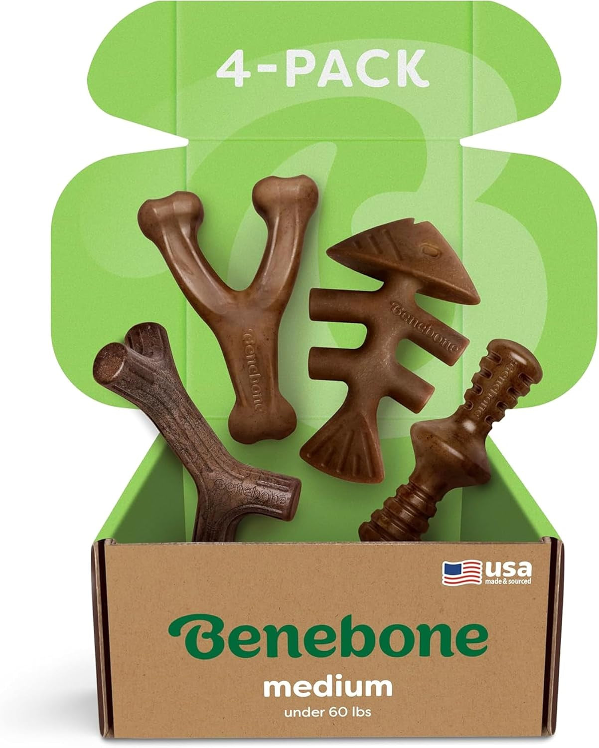 Durable Dog Chew Toy for Aggressive Chewers – Benebone 4-pack featuring various shapes for medium dogs.