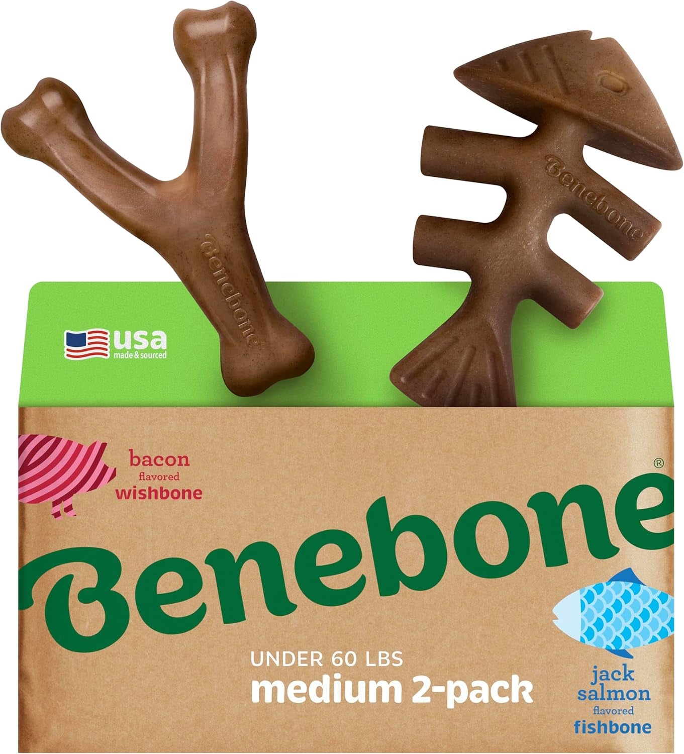 Durable Dog Chew Toy for Aggressive Chewers – Benebone medium 2-pack with bacon and jack salmon flavors.