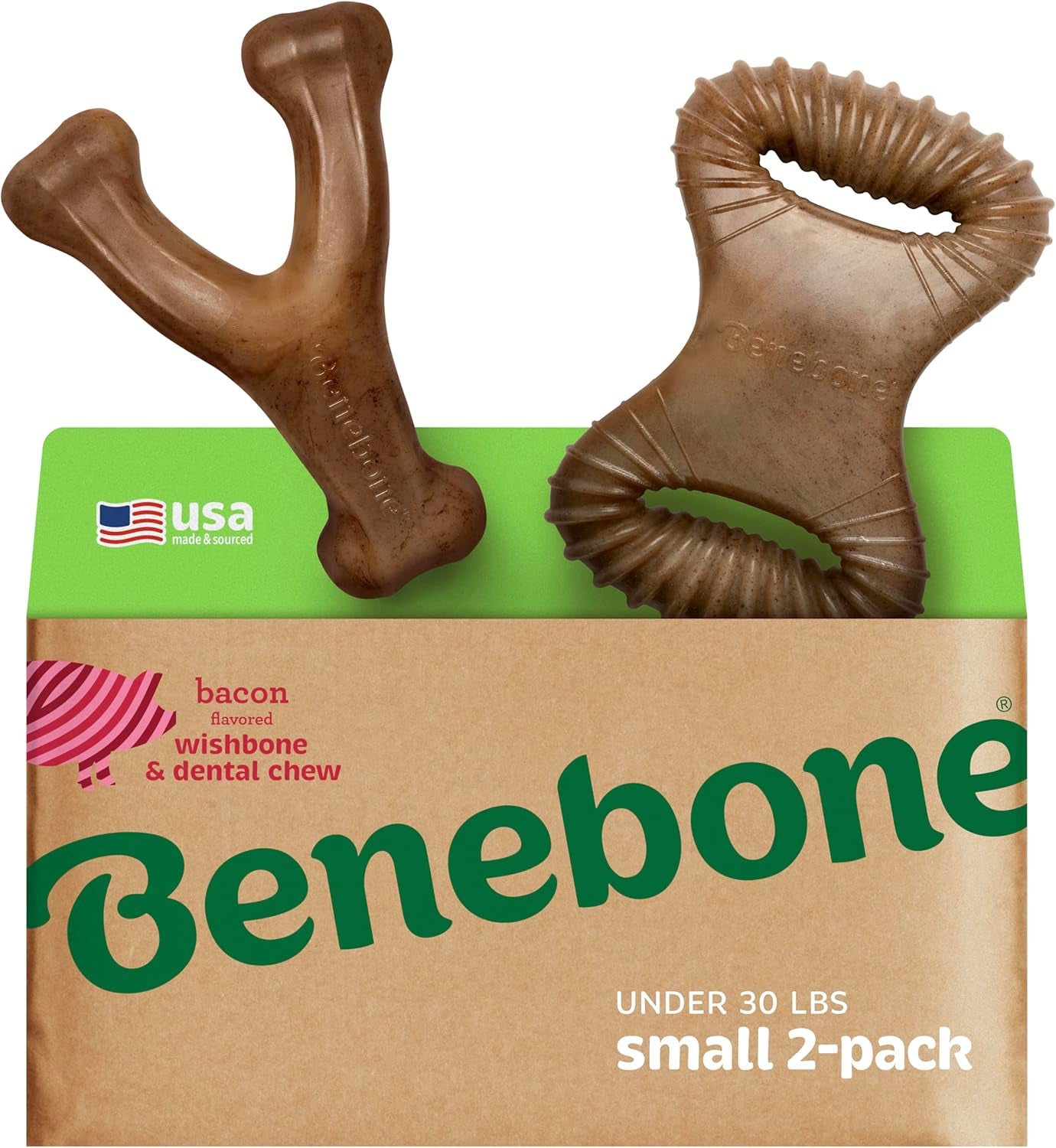 Benebone durable dog chew toy for aggressive chewers bacon flavored wishbone 2 pack for small dogs