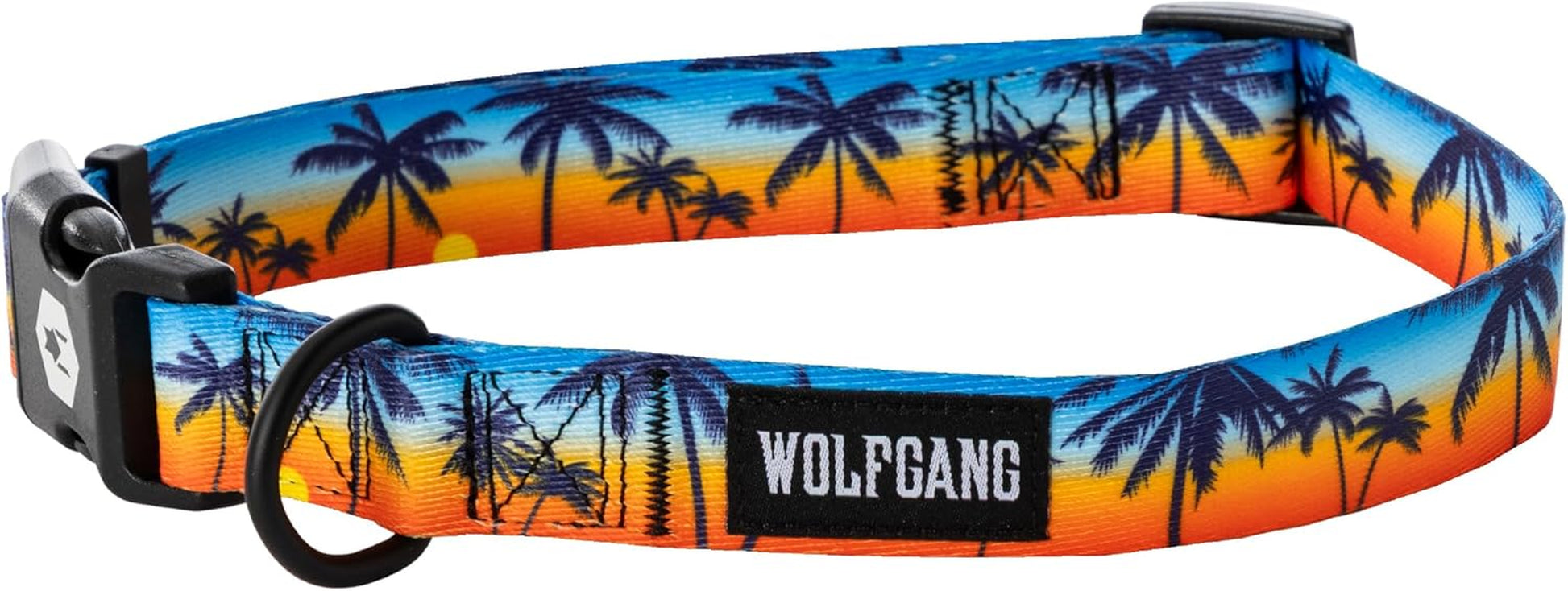 Wolfgang Heavy Duty Adjustable Dog Collar with vibrant palm tree sunset design, featuring a quick-release buckle.