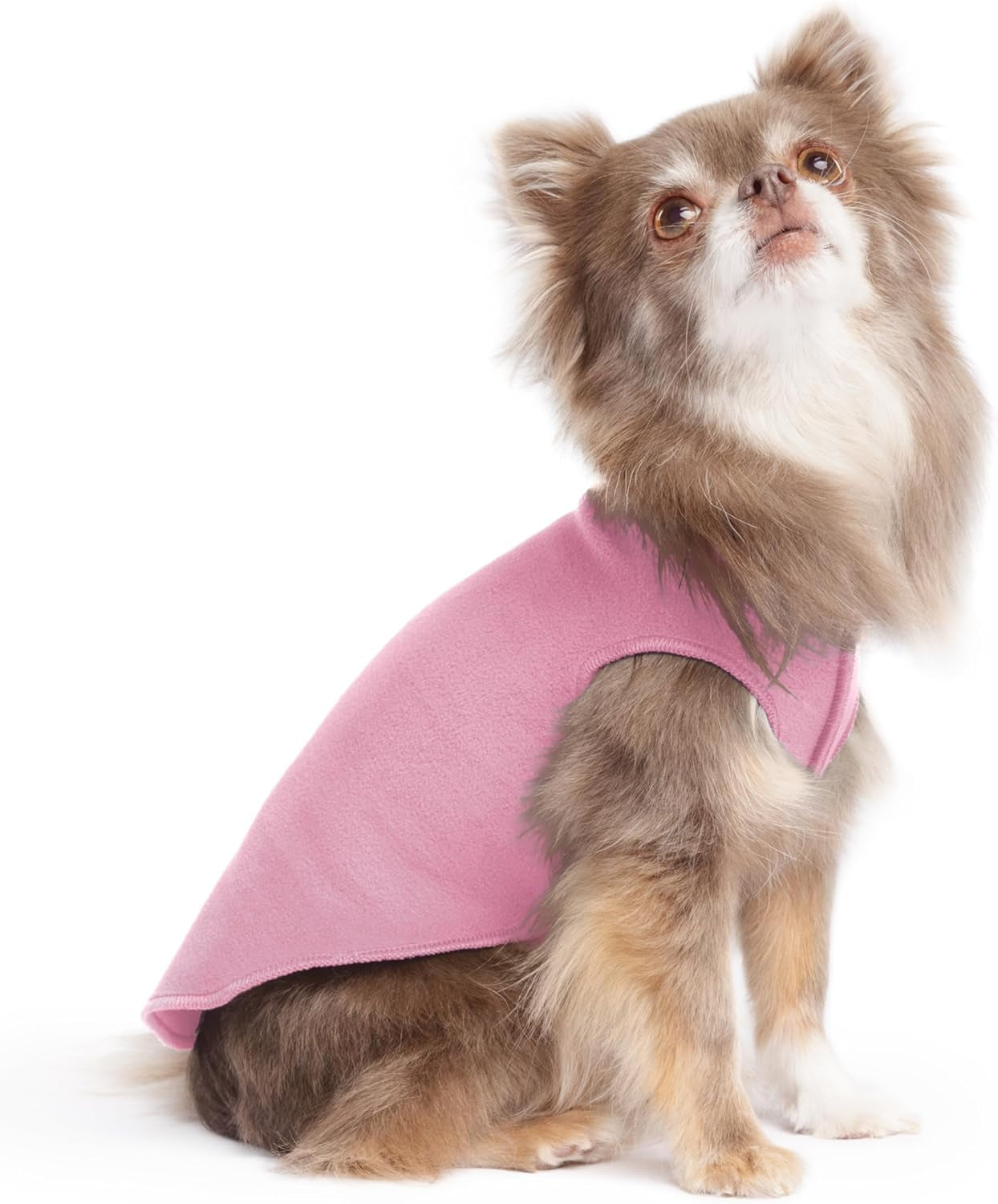 Comfortable Dog Fleece Jacket for Winter on a small brown dog wearing a pink fleece coat.