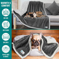 Reversible sherpa dog blanket used on sofa and pet bed with dog and cat showing versatile use for car couch floor and crate comfort