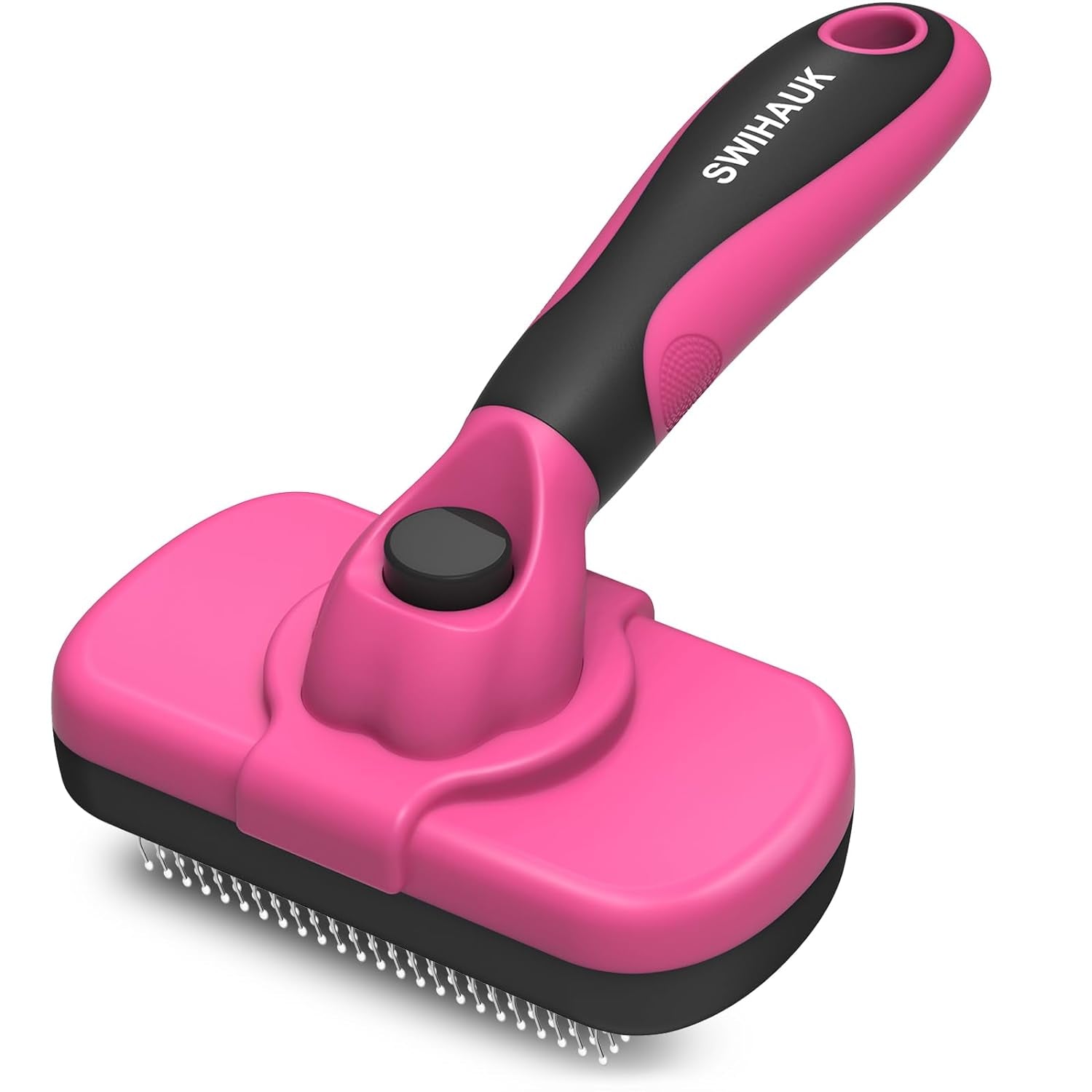 Self-Cleaning Slicker Brush for Dogs & Cats in pink color, featuring a comfortable grip and effective deshedding bristles.