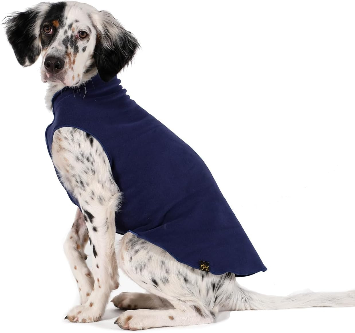 Comfortable Dog Fleece Jacket for Winter on a spotted dog, designed for warmth during cold weather.