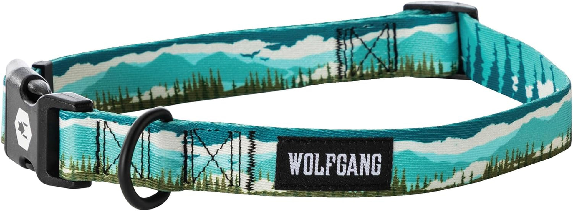 Wolfgang Heavy Duty Adjustable Dog Collar in teal with mountain and forest design, featuring a quick-release buckle.