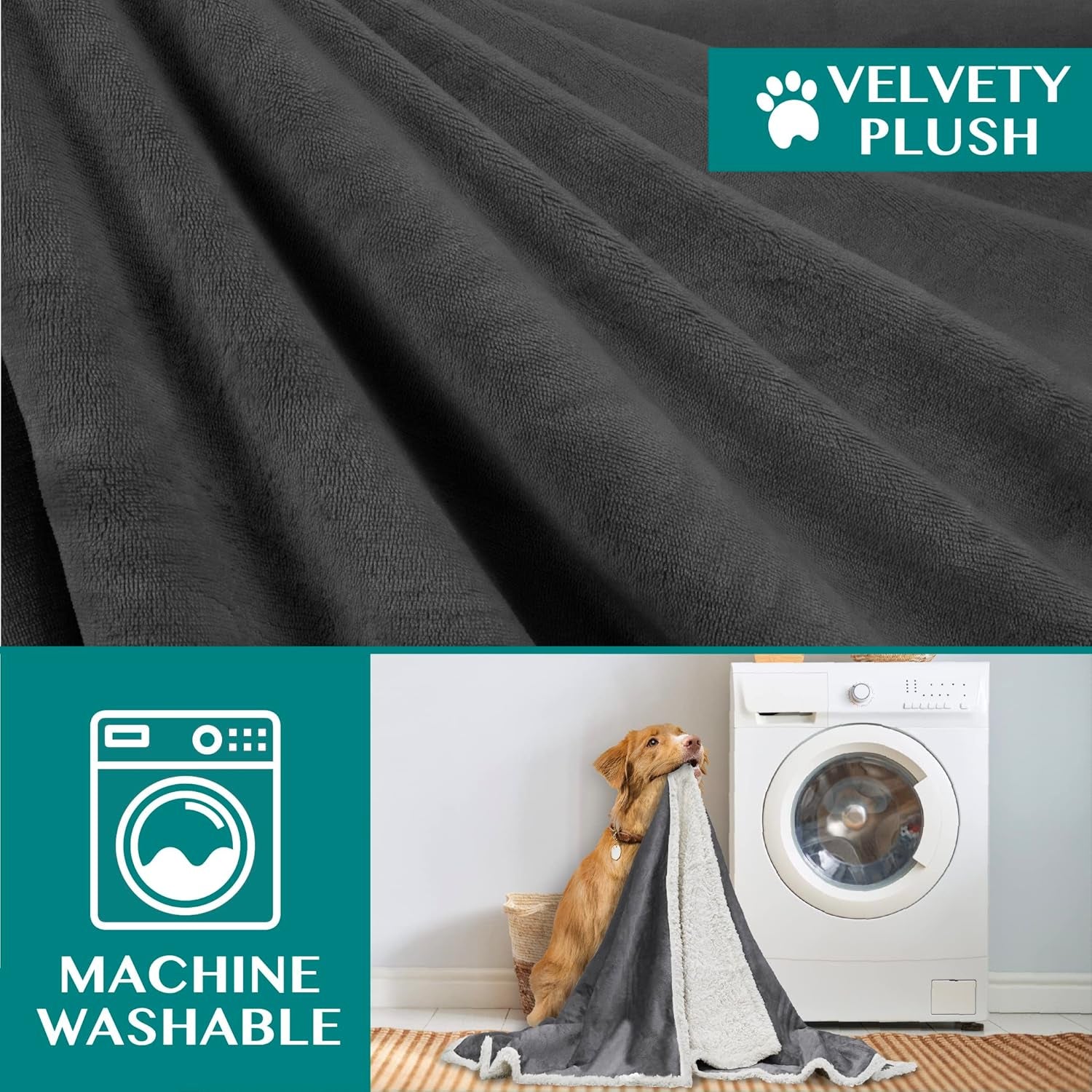 Close up of velvety plush reversible sherpa dog blanket fabric with machine washable feature shown next to washing machine and dog