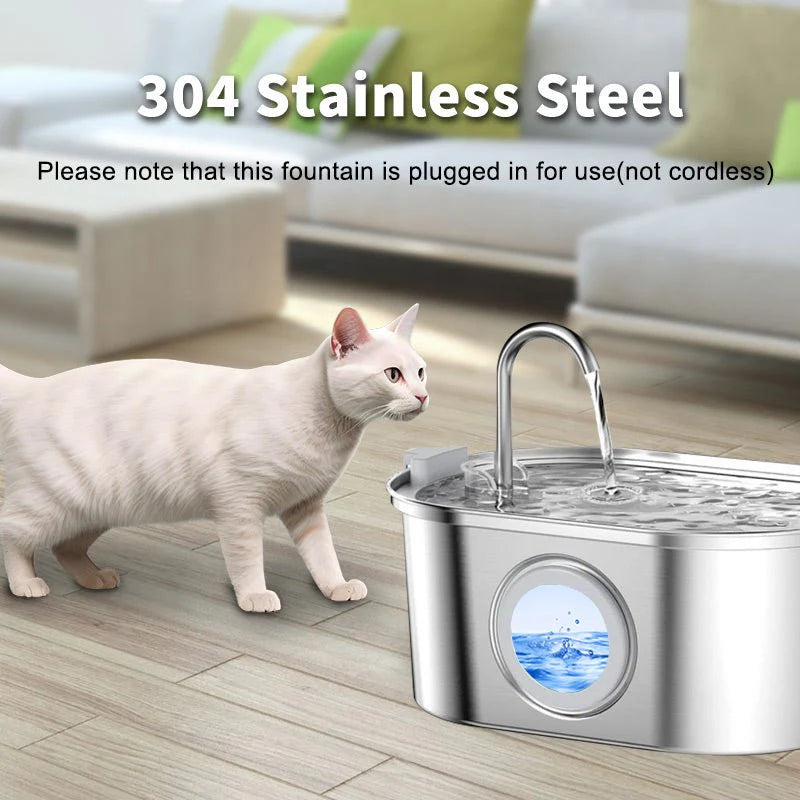 Automatic pet water dispenser made of 304 stainless steel with a cat nearby and water flowing.