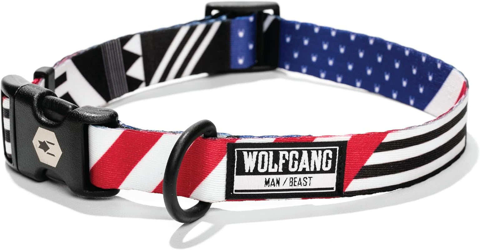 Wolfgang Heavy Duty Adjustable Dog Collar featuring bold patterns and a quick-release buckle for easy adjustments.