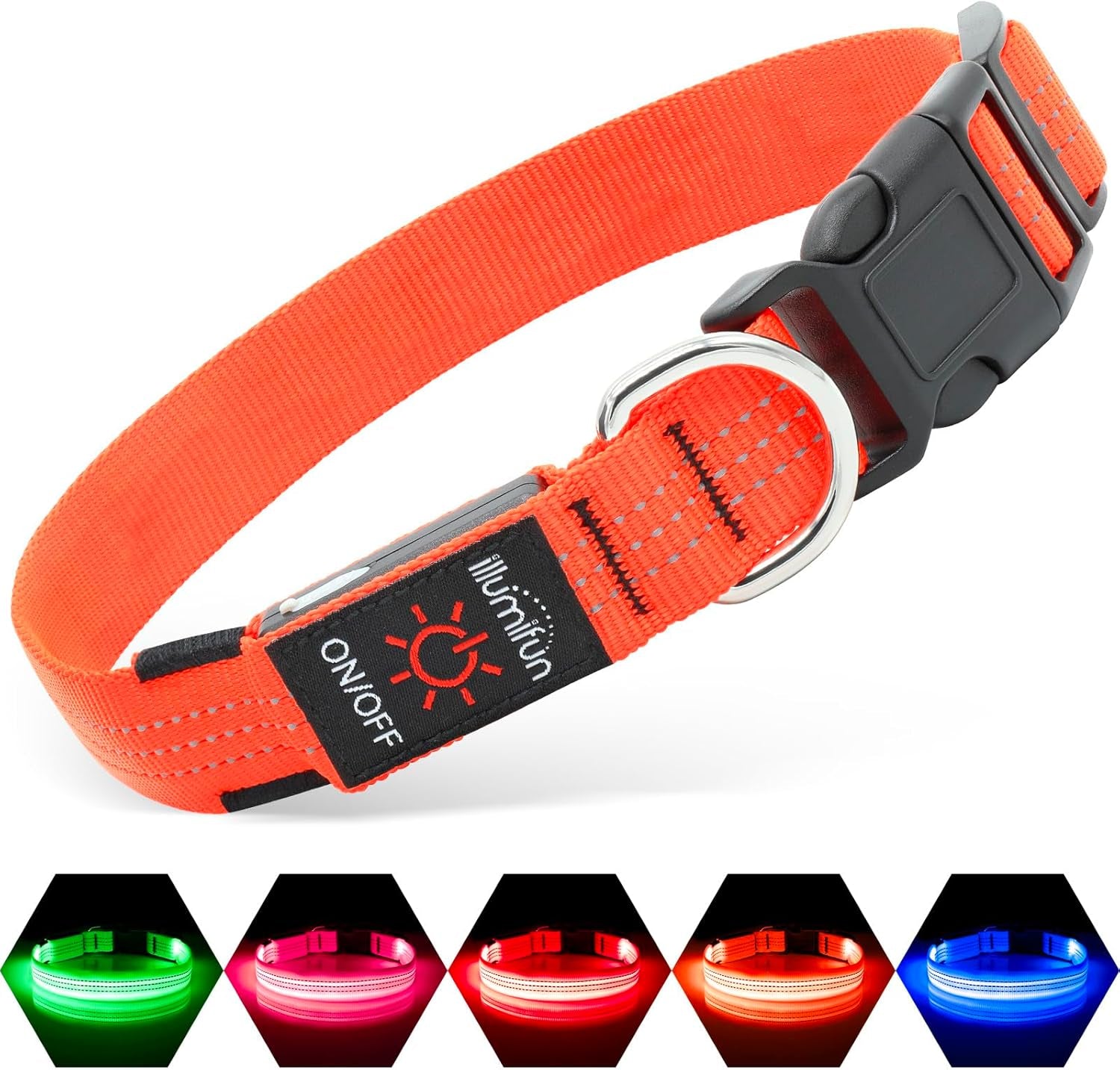 Orange LED dog collar with adjustable buckle and multiple light modes for night visibility and safety