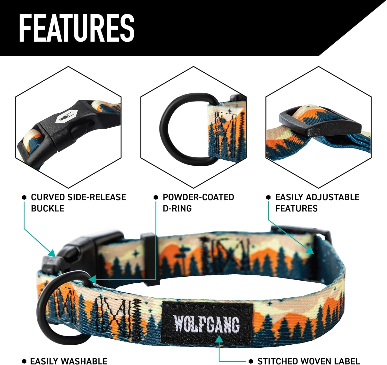Features of the Wolfgang Heavy Duty Adjustable Dog Collar including buckle, D-ring, and adjustable elements.