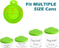 Silicone Pet Food Can Covers for Dogs and Cats fitting multiple can sizes, showcasing various food containers.