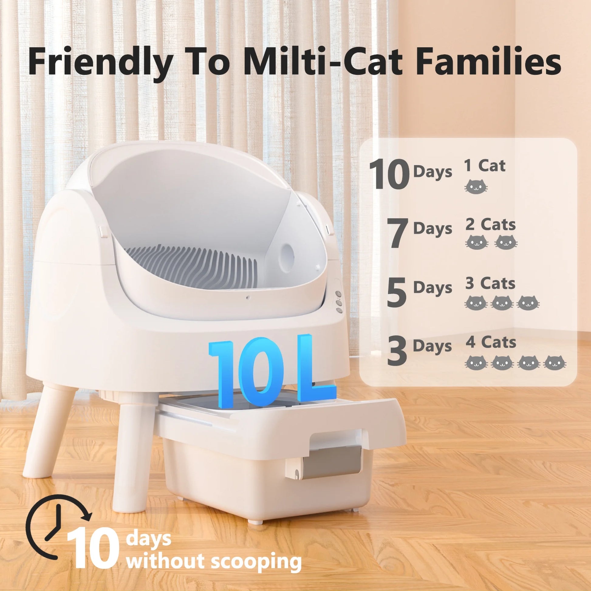 Self-Cleaning Litter Box for Cats with waste management for multi-cat households, lasting 10 days without scooping.