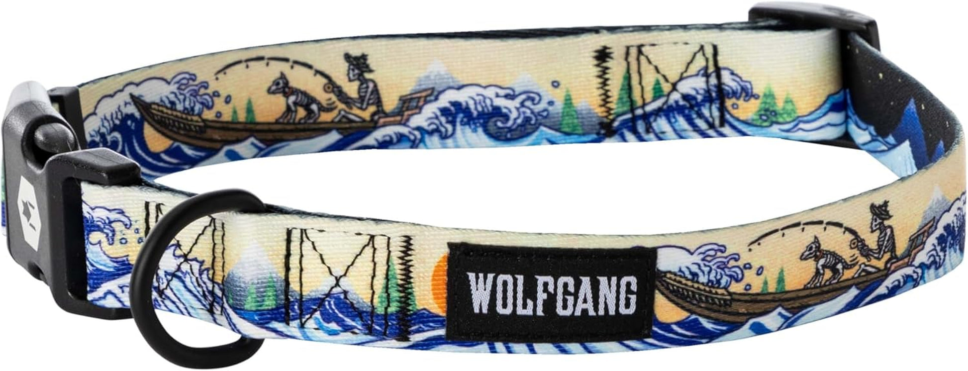 Wolfgang Heavy Duty Adjustable Dog Collar featuring a vibrant wave and fishing dog design, ideal for strong and stylish dogs.