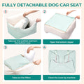 Instructions for a fully detachable dog booster car seat for small dogs showing how to remove cushions and clean.
