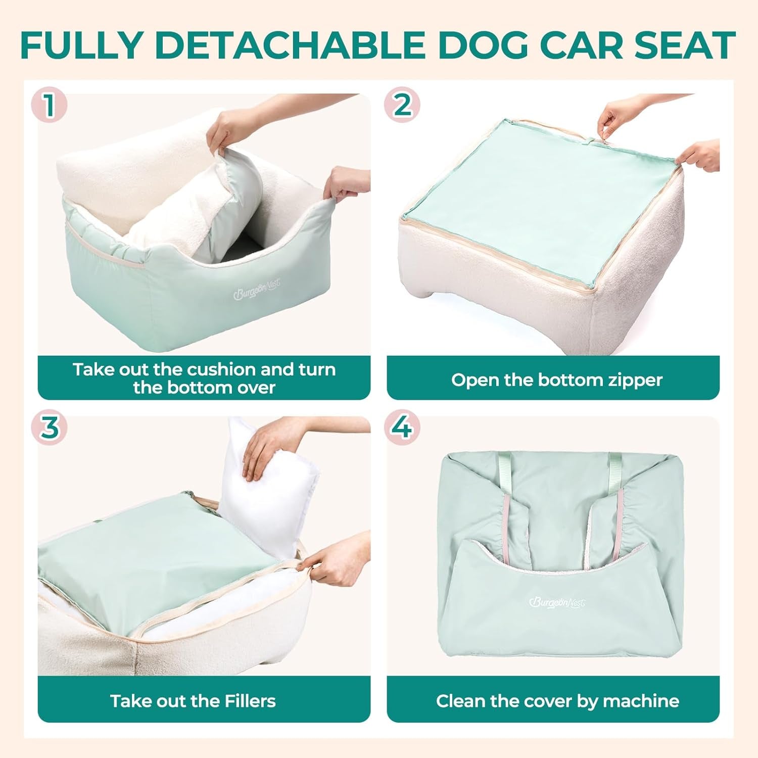 Instructions for a fully detachable dog booster car seat for small dogs showing how to remove cushions and clean.