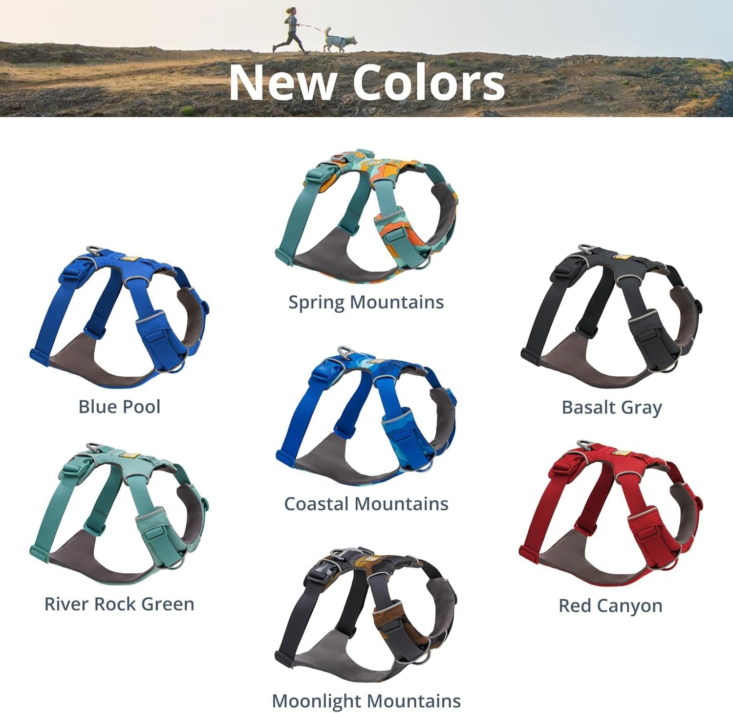 No Pull Dog Harness for Everyday Comfort available in new colors: Blue Pool, Basalt Gray, River Rock Green, Coastal Mountains, Spring Mountains, Red Canyon, Moonlight Mountains.