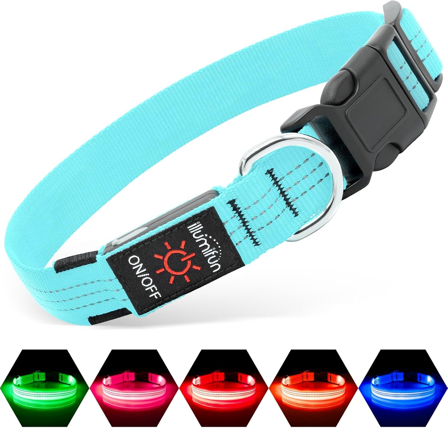 Blue LED dog collar with adjustable buckle and multiple light modes for night safety and visibility
