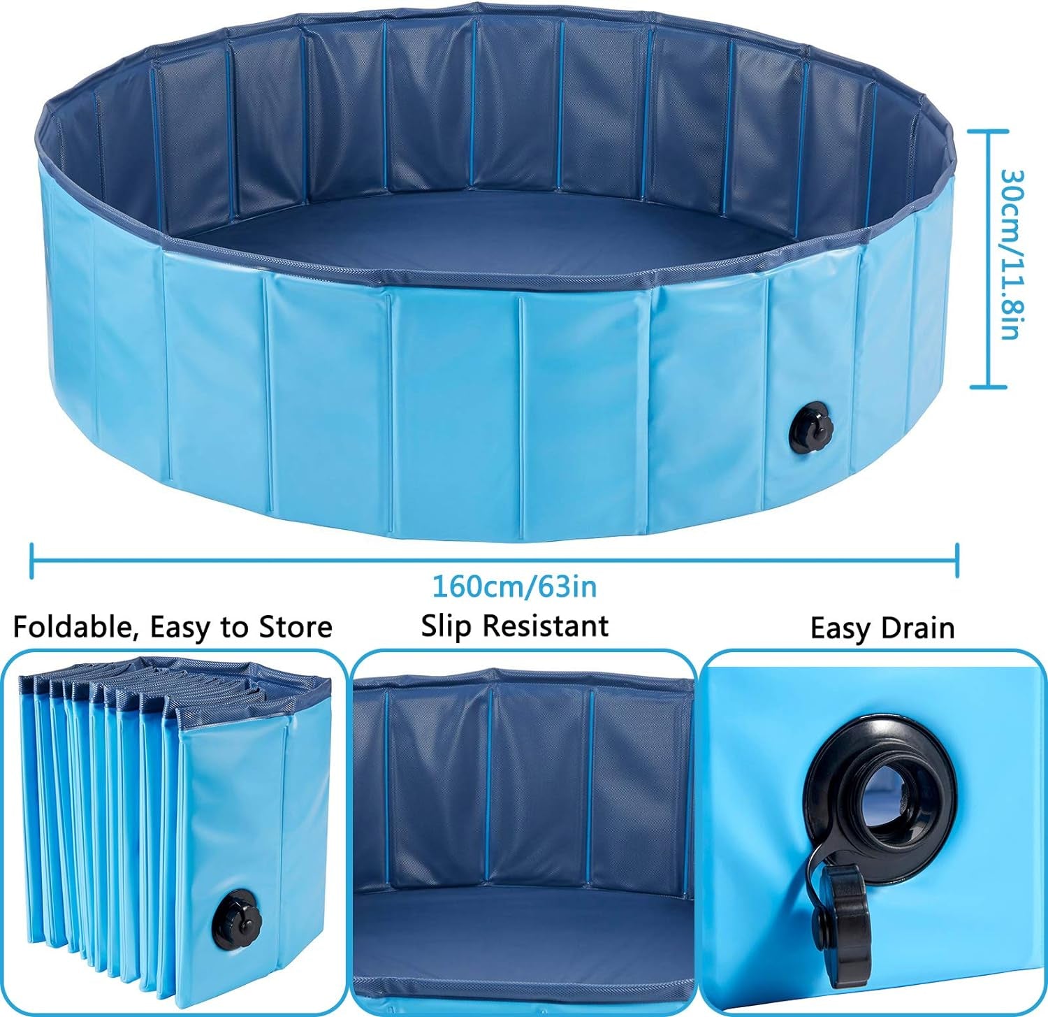 Foldable dog pool size chart 160cm portable pet pool slip resistant with drain valve