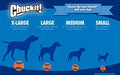 Sizing chart for Chuckit! Glow in the Dark Dog Ball for Night Fetch dog balls: X-Large, Large, Medium, and Small options for fetch toys.