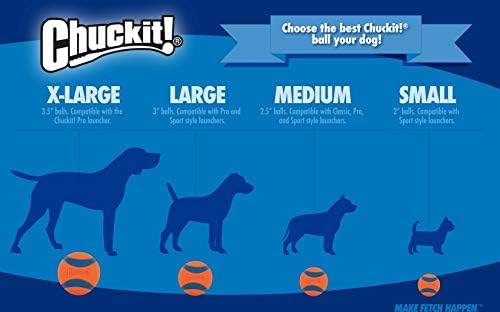 Sizing chart for Chuckit! Glow in the Dark Dog Ball for Night Fetch dog balls: X-Large, Large, Medium, and Small options for fetch toys.