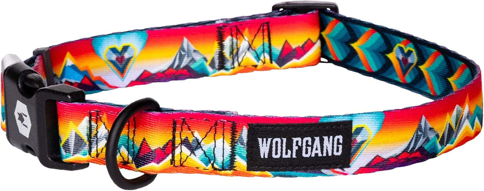 Wolfgang Heavy Duty Adjustable Dog Collar with vibrant mountain and heart pattern, designed for comfort and durability.