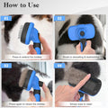 Instructions for using a self-cleaning slicker brush for pets, showing bristle extension, brushing, and cleaning steps.