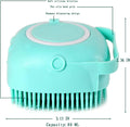 Dog bath brush with shampoo dispenser with soft silicone bristles and non-slip design.
