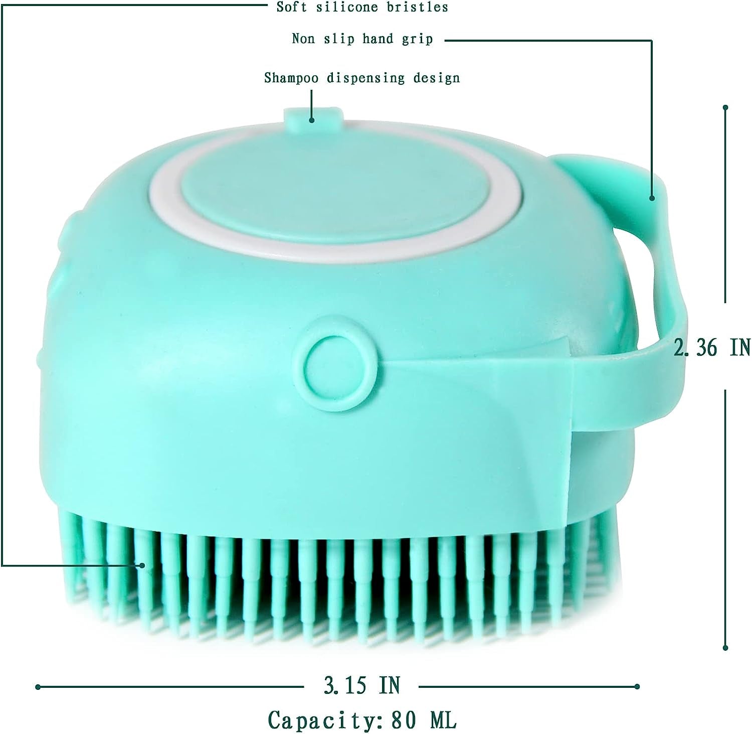 Dog bath brush with shampoo dispenser with soft silicone bristles and non-slip design.