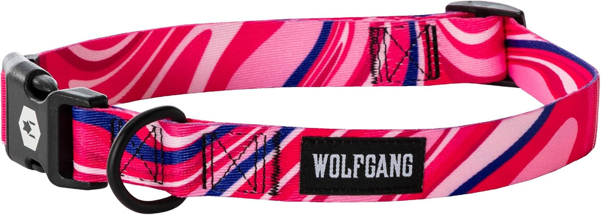 Wolfgang Heavy Duty Adjustable Dog Collar in pink swirled design with quick-release buckle for small to large dogs.