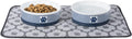 Ceramic Pet Bowl Set featuring a food bowl with kibble and a water bowl on a patterned mat.