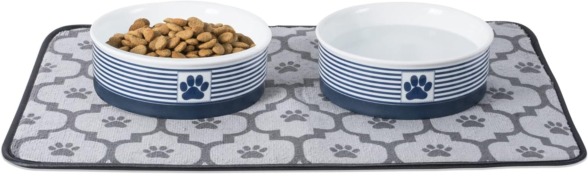 Ceramic Pet Bowl Set featuring a food bowl with kibble and a water bowl on a patterned mat.