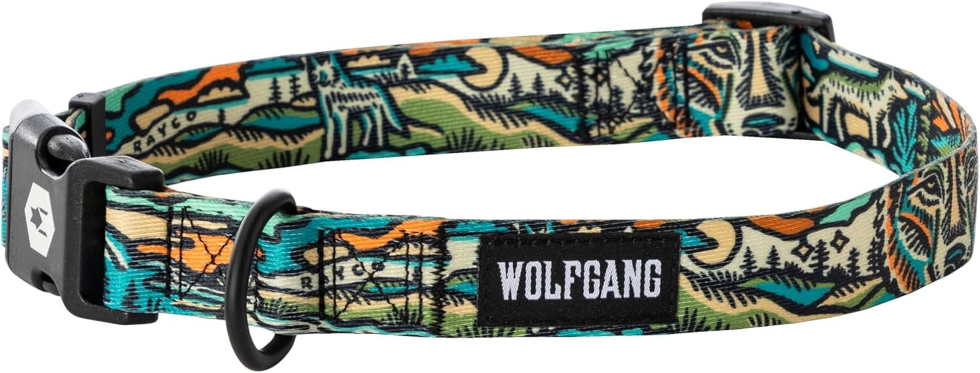 Wolfgang Heavy Duty Adjustable Dog Collar with colorful outdoor design and quick-release buckle.