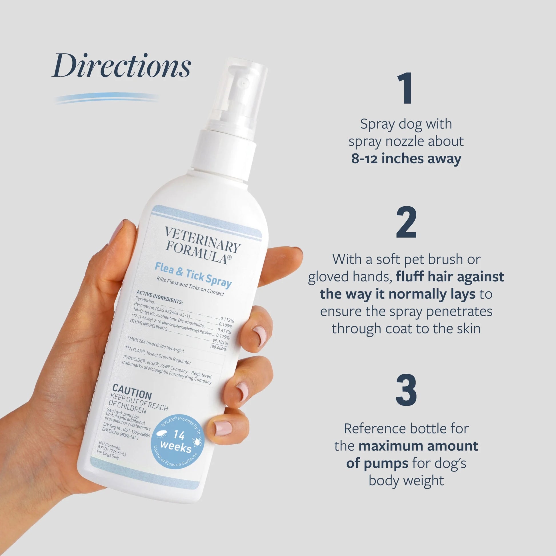 Flea and tick spray for dogs application directions showing spray distance brushing technique and dosage guidance for effective use