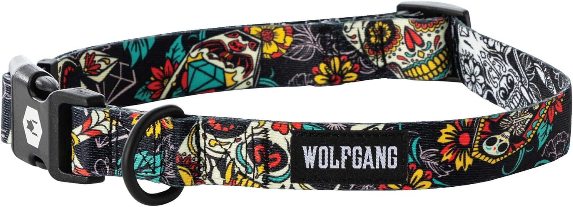 Wolfgang Heavy Duty Adjustable Dog Collar with colorful floral and skull design, featuring a quick-release buckle.