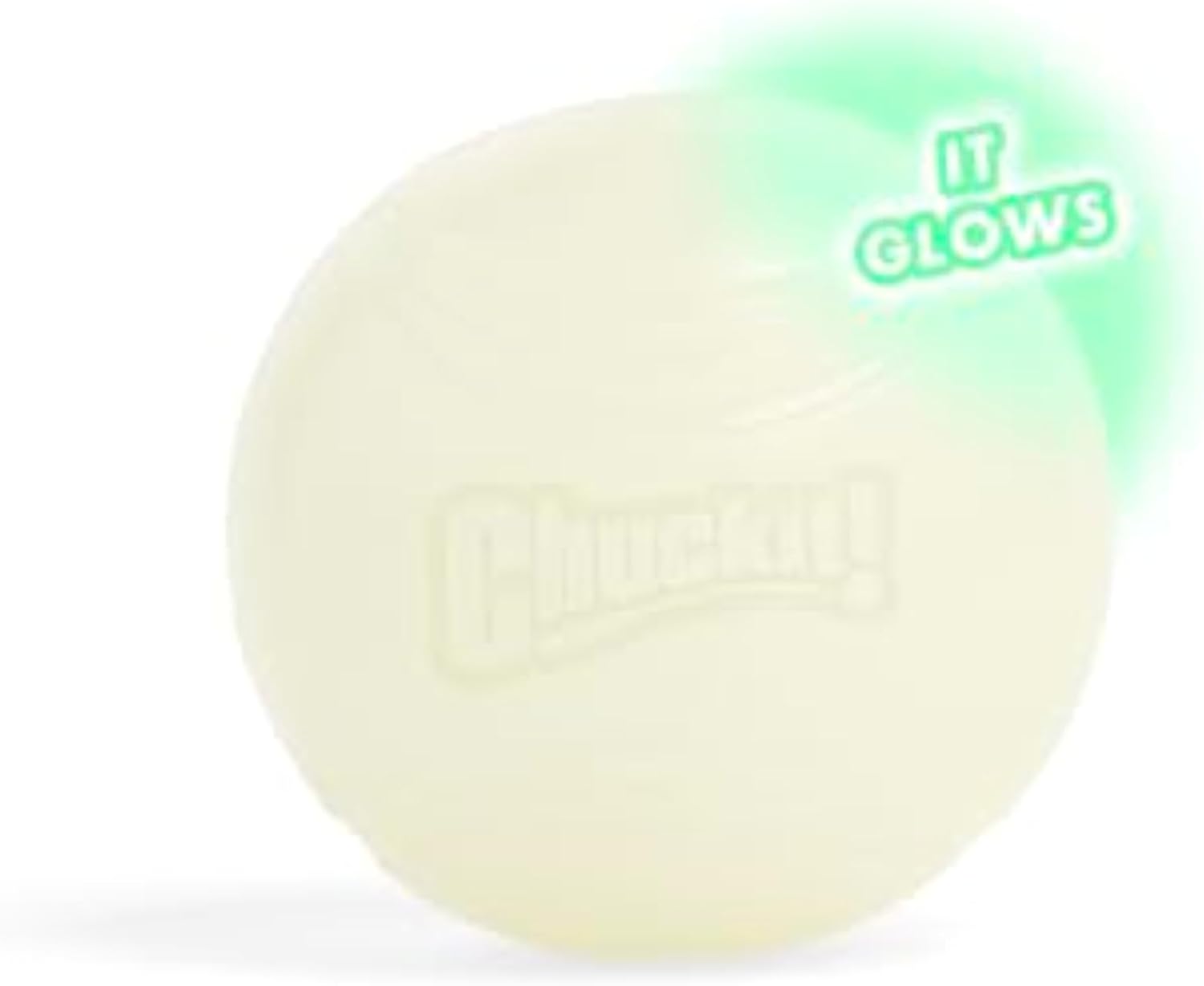 Glow in the dark dog ball close up with it glows feature Chuckit Max Glow