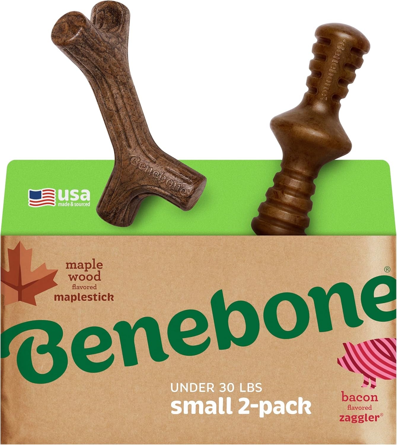 Durable Dog Chew Toy for Aggressive Chewers – Benebone small 2-pack with maple wood and bacon flavor.