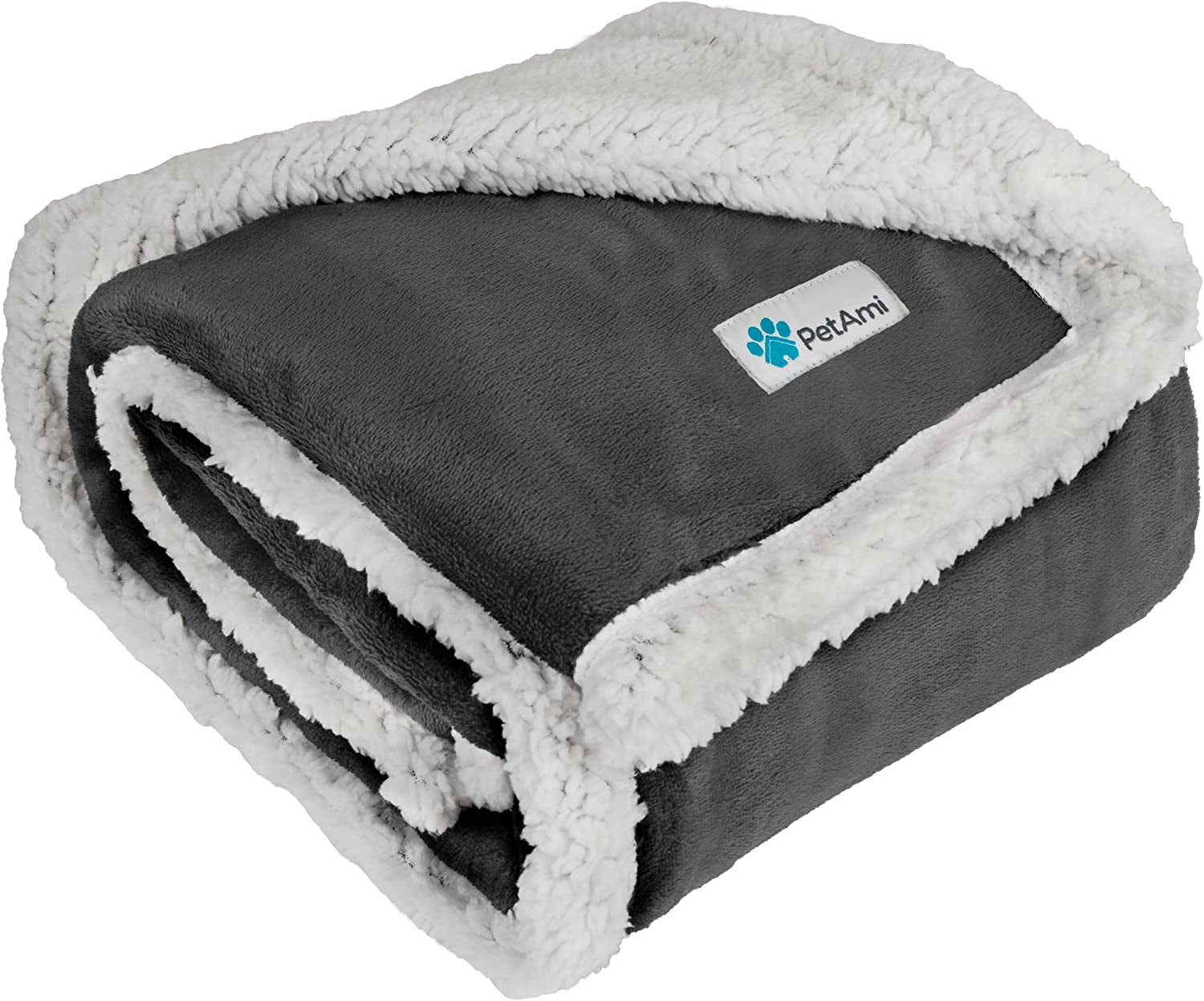 Thick reversible sherpa dog blanket folded showing soft gray fleece side and plush white sherpa lining for pet comfort