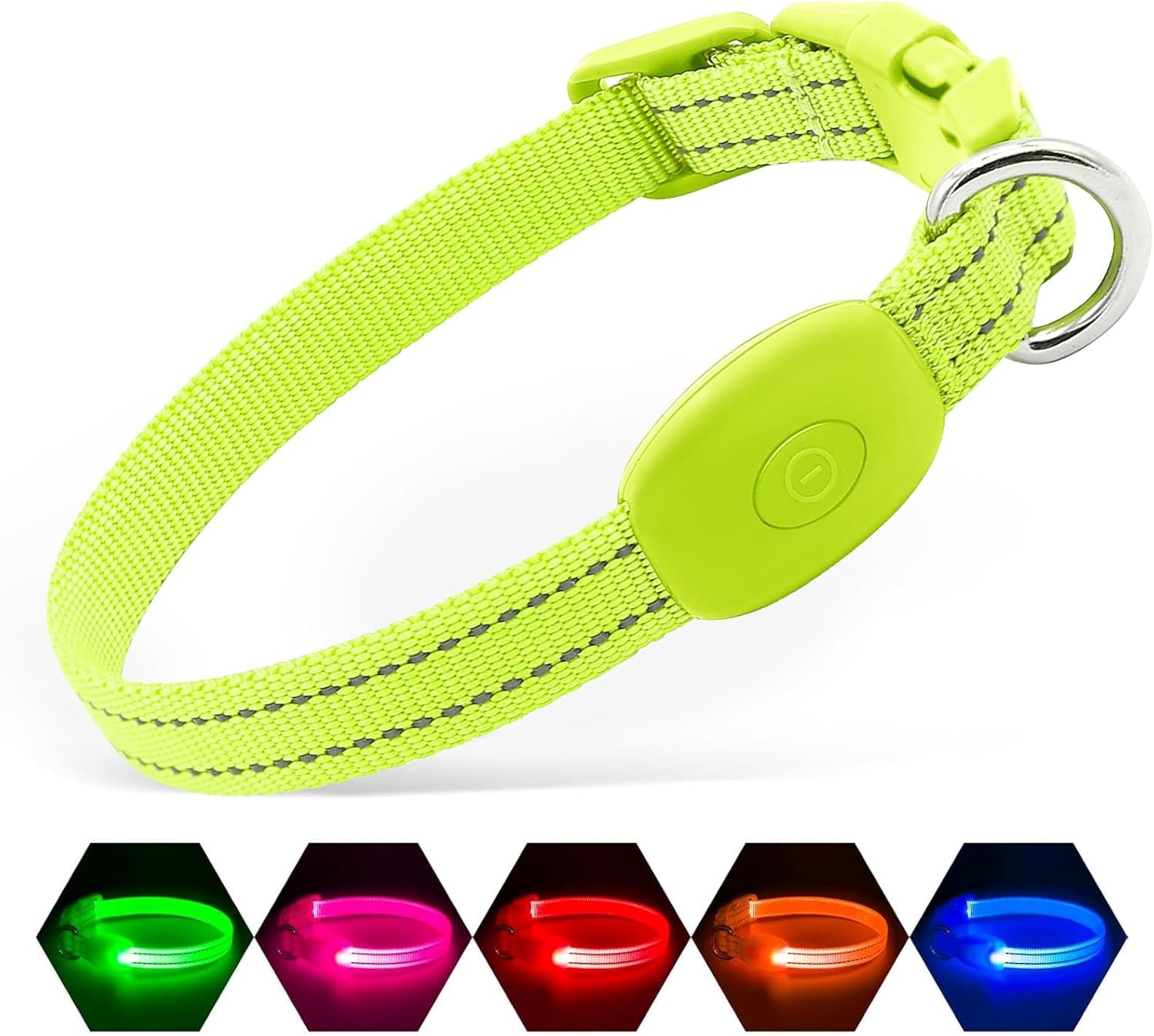 Lime Green XS LED dog collar with adjustable buckle and multiple light modes for night safety and visibility