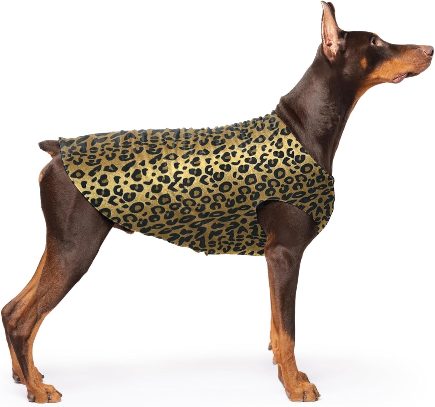Comfortable Dog Fleece Jacket for Winter on a Doberman with a leopard print design.