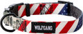 Wolfgang Heavy Duty Adjustable Dog Collar with red, white, and blue design, featuring a quick-release buckle.