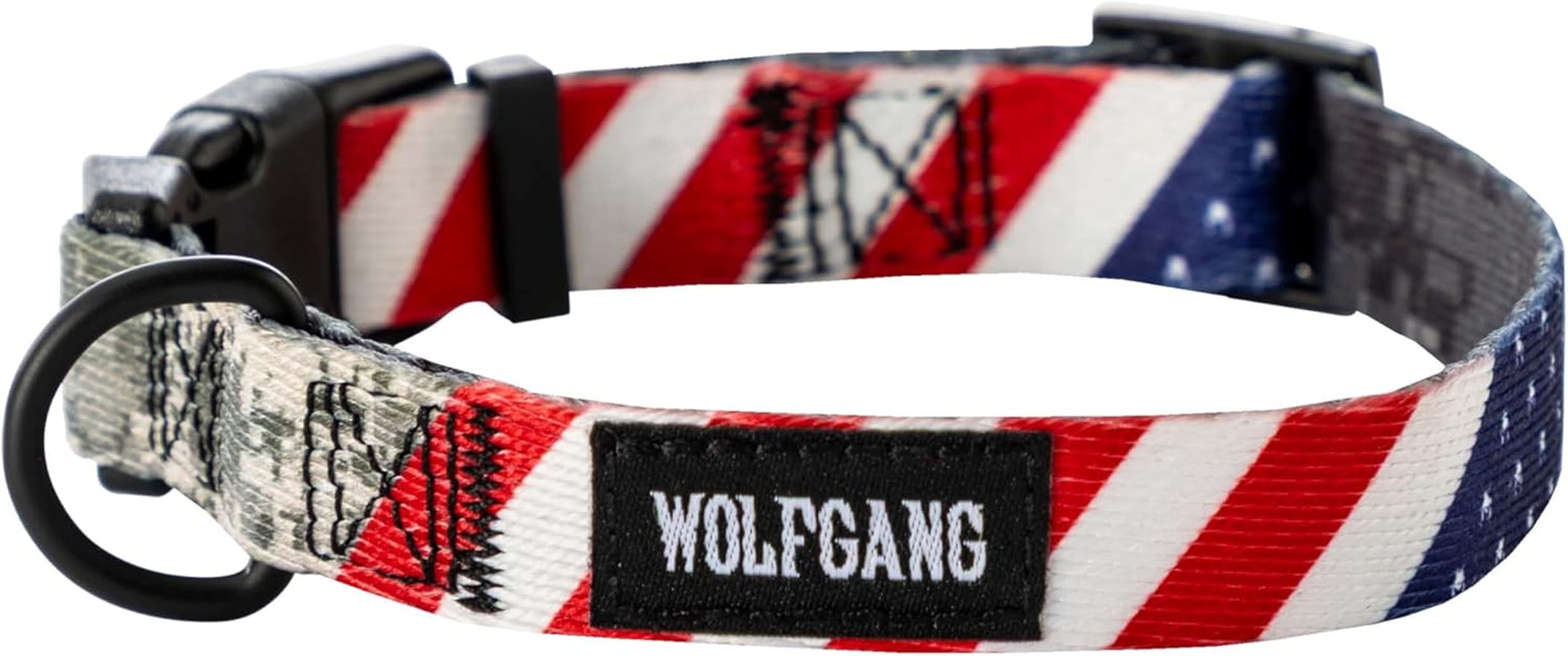 Wolfgang Heavy Duty Adjustable Dog Collar with red, white, and blue design, featuring a quick-release buckle.