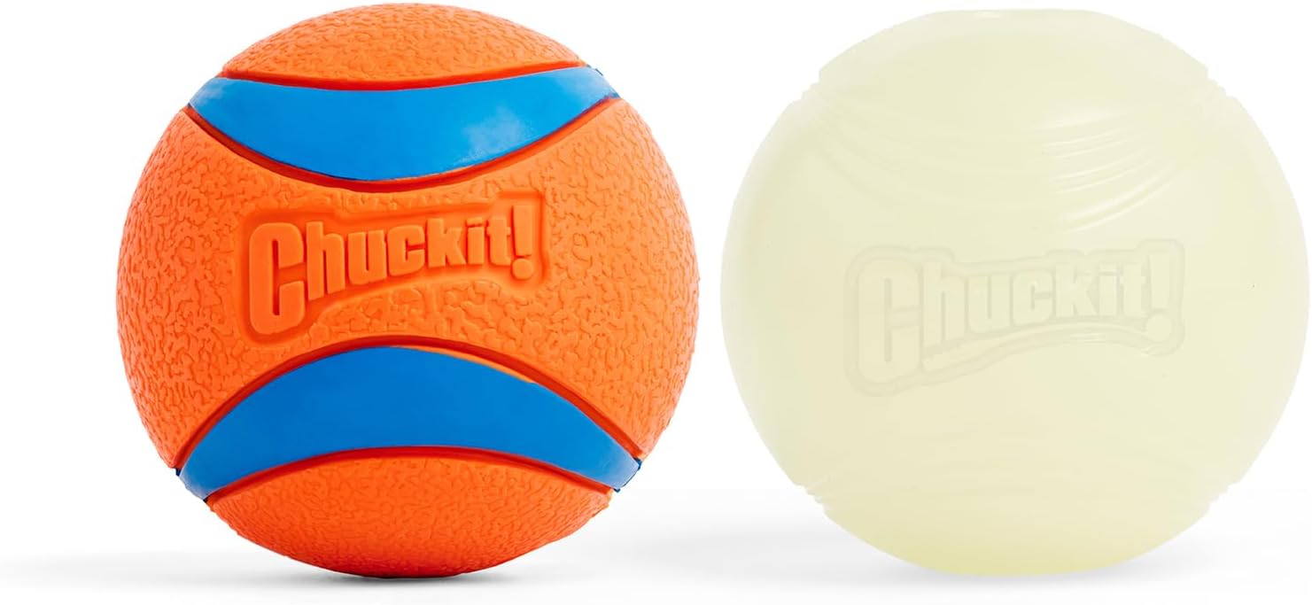 Glow in the dark dog ball compared to standard Chuckit ball Max Glow vs regular ball